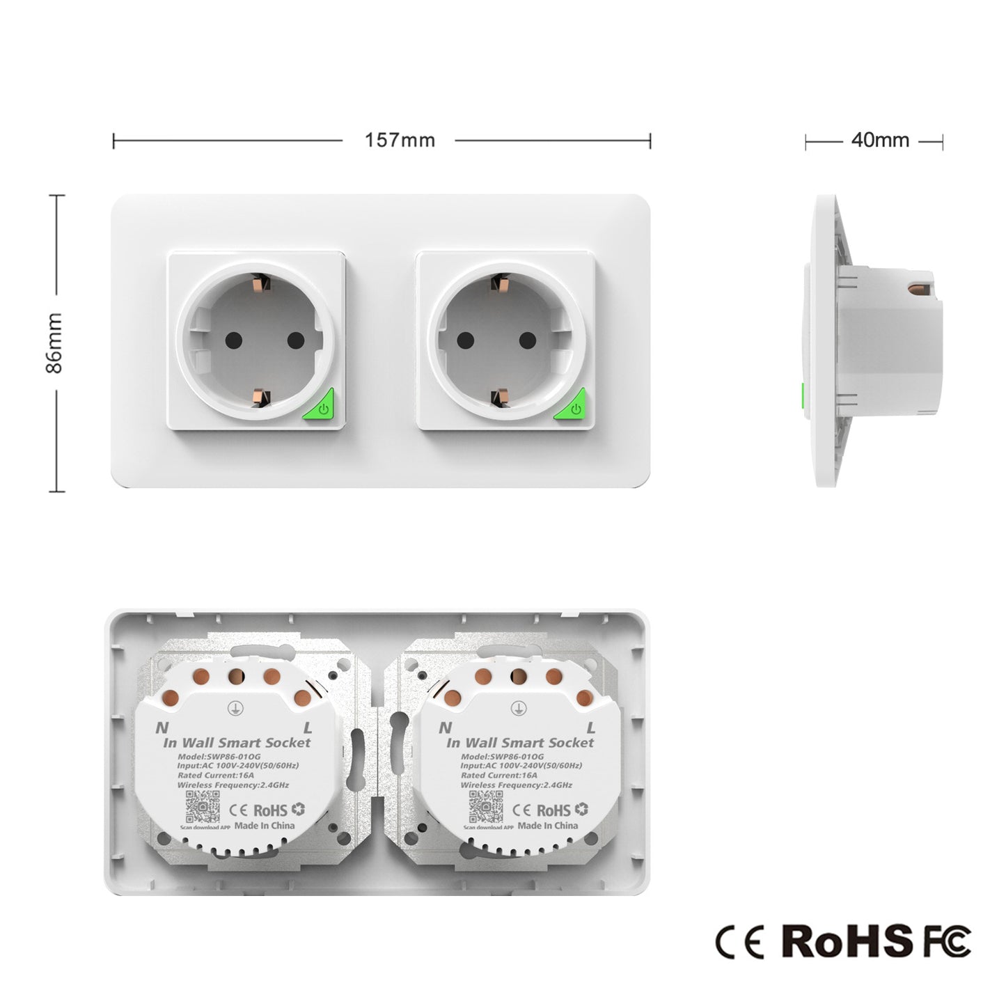 Wi-Fi Smart Power Socket EU 16A Power Consumption 2 Outlets Works with Alexa Google Home Tuya Smart Life
