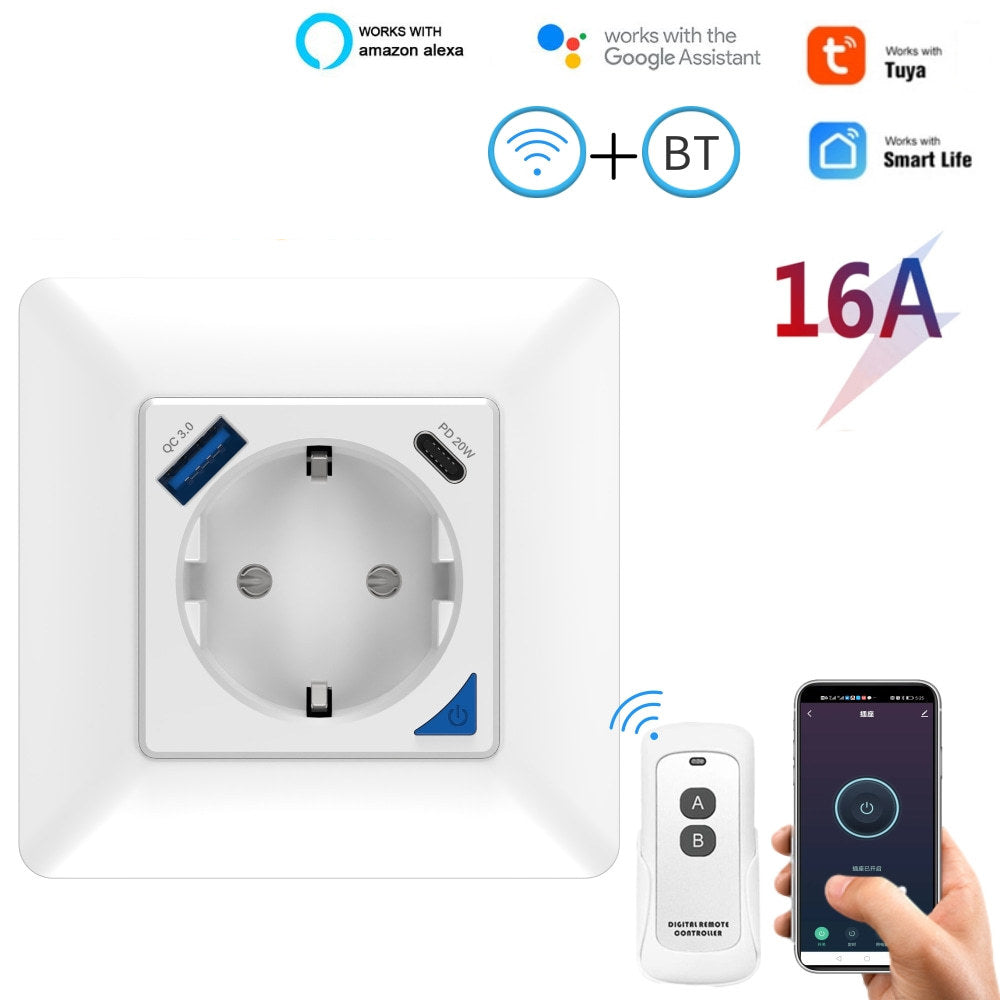 Wi-Fi Smart Power Socket EU Remote Control 16A Power Consumption Works with Alexa Google Home Tuya Smart Life