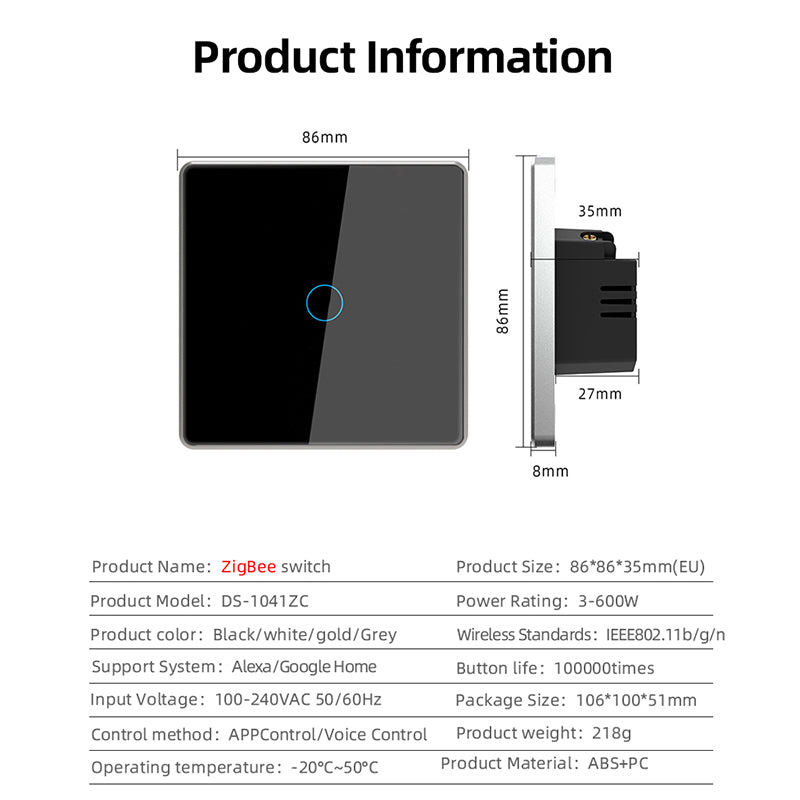 Interruptor de luz táctil inteligente Zigbee con marco de metal