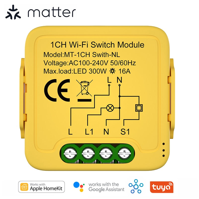 Matter Smart WiFi Switch Module Relay 1-Gang 16A Compatible Homekit Smartthings Google Home