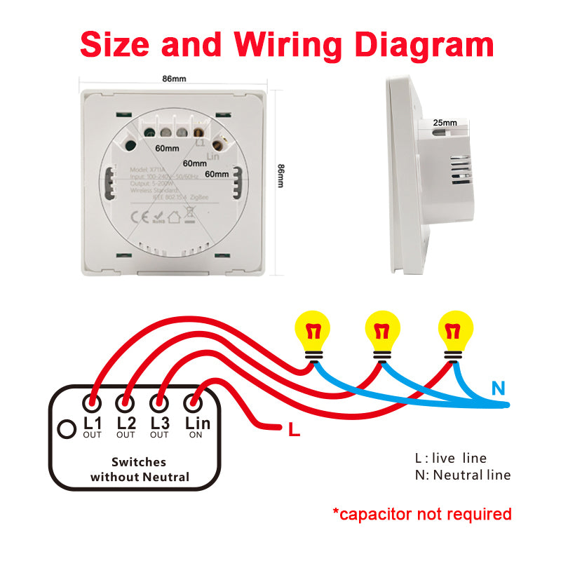 Interruptor de luz inteligente Zigbee, no requiere cable neutro, funciona con Alexa, Google Home, Tuya Smartlife