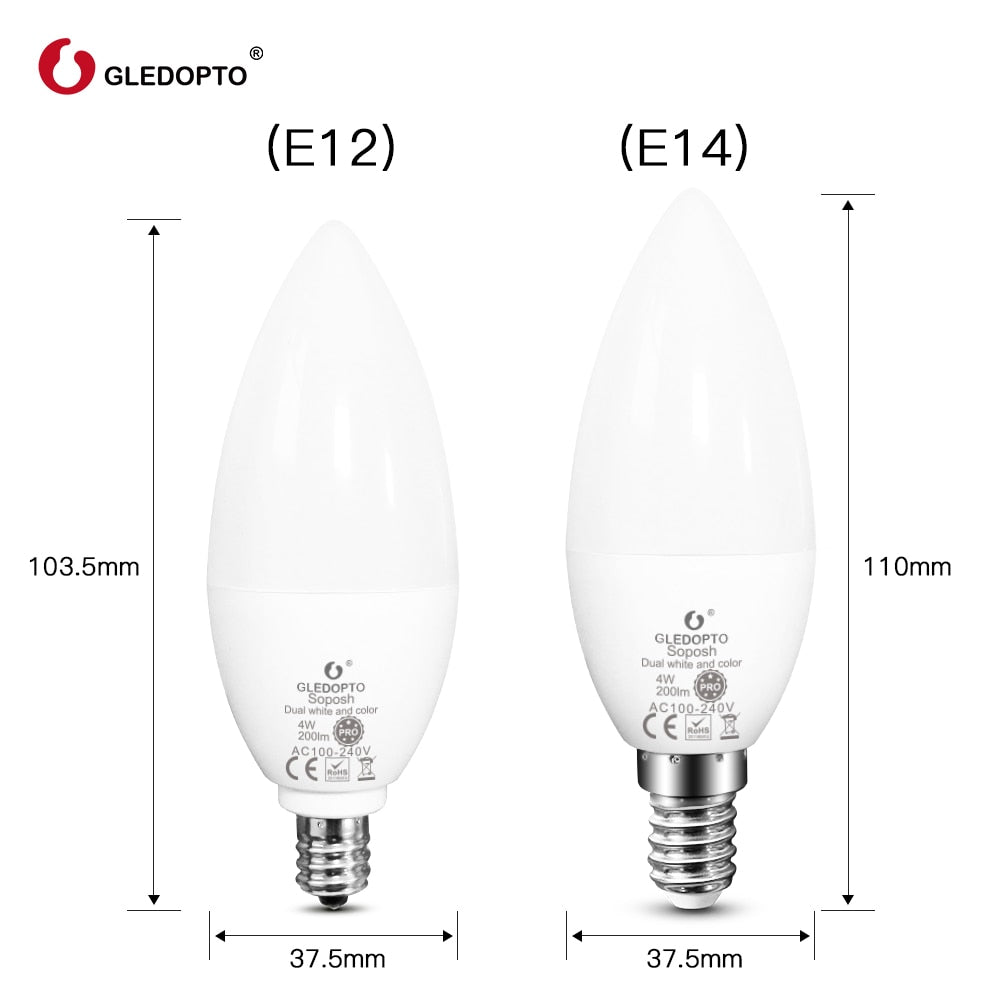 Gledopto Zigbee 3.0 Pro Candle Light Smart Bulb 4W E12 E14 RGB+CCT 2.4G RF Works With Zigbee2MQTT Smartthings
