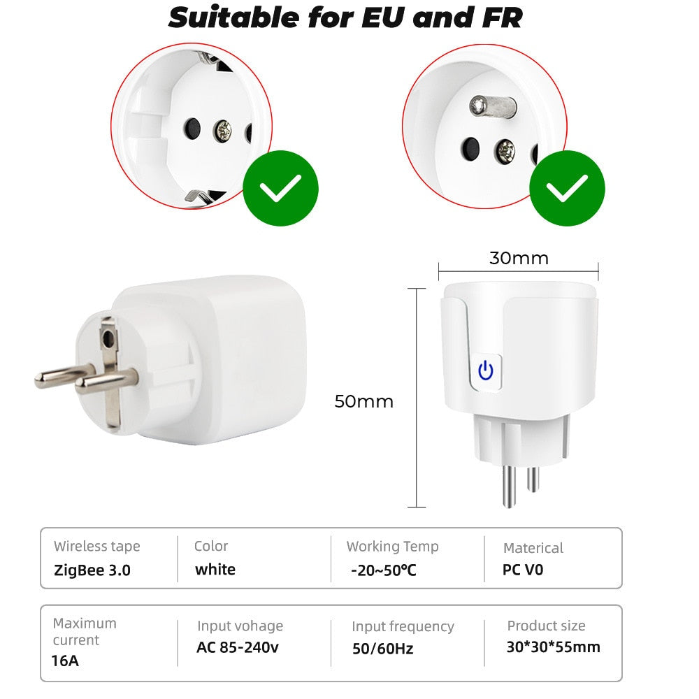 Tuya Smart Zigbee Plug 16A/20A EU Outlet 3680W Power Meter Compatiable With  Alexa And Tuya Hub