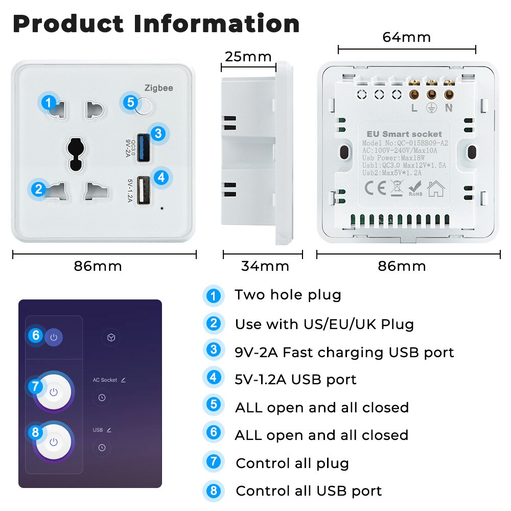 Zigbee Smart USB Wall Socket EU UK US Universal Plug Smartlife Independent Control