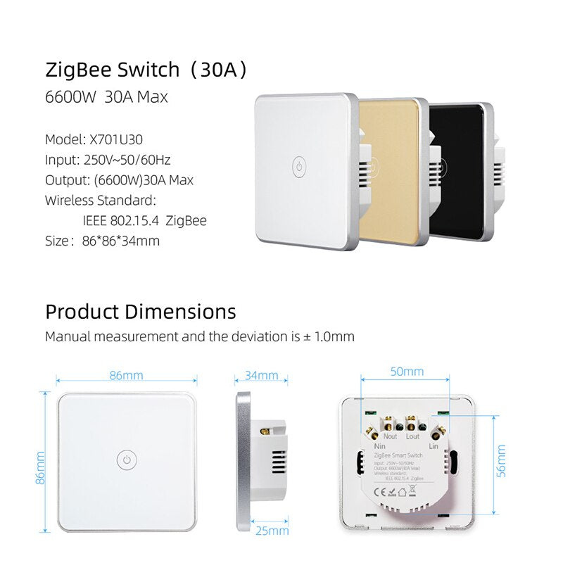 Zigbee Smart touch Switch 30A 6600W EU UK Boiler switch