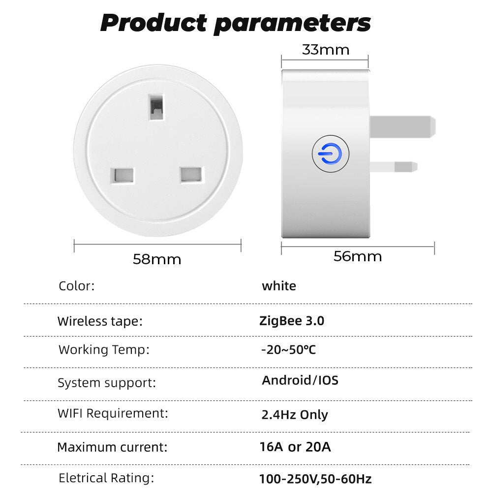 Smart Zigbee Socket UK Plug 16A 20A Power Monitor